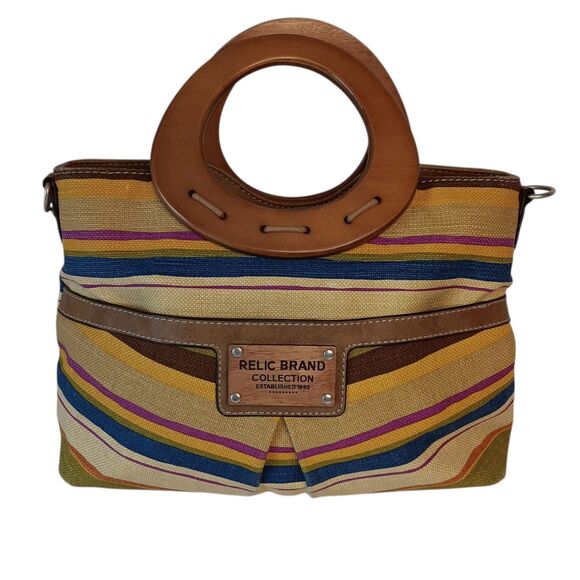 Striped Canvas Clutch Purse Wooden Handles Tan Blue Brown Summer Relic Brand - Picture 1 of 14
